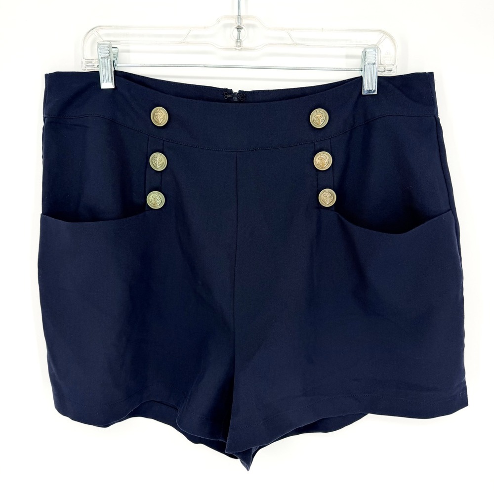 Unique Vintage High Waist Sailor Debbie Shorts Navy Gold Buttons Size XL Pinup - Picture 3 of 9